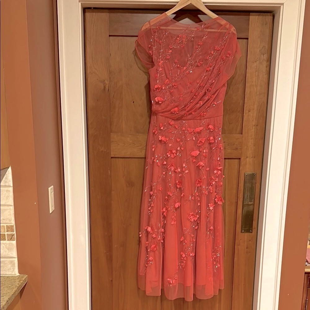 ✅Theia Leona sequine-embellished dress Pink Flutter midi- dress. Size 10. Pink